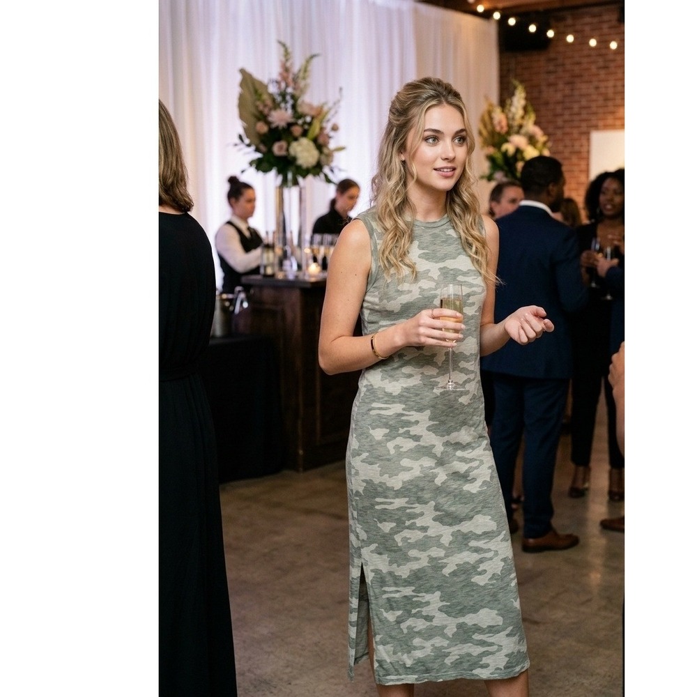 Universal Thread Camo Maxi Dress Small Green Sleeveless Slub Knit Crew Neck